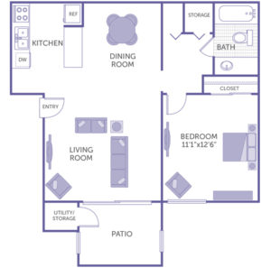 1 bed 1 bath floor plan, kitchen, dining room, living room, patio and storage, bedroom 11' 1" x 12' 6", 2 closets
